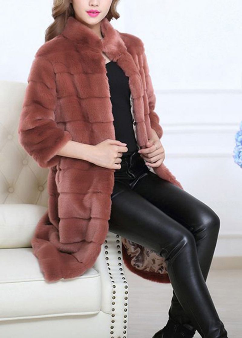 Handgjord Brick Red Oversized Tjock Fuzzy Fur Fluffy Coat Half Sleeve - Vinterkappor för kvinnor