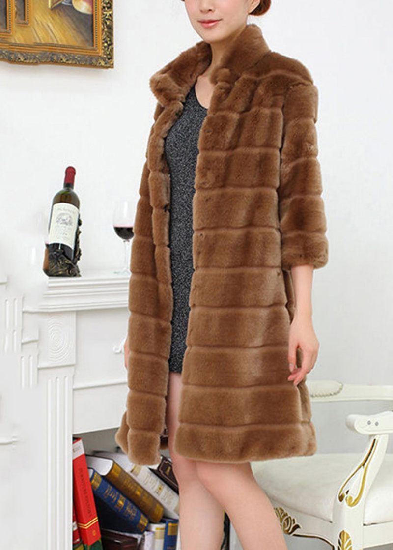 Handgjord Brick Red Oversized Tjock Fuzzy Fur Fluffy Coat Half Sleeve - Vinterkappor för kvinnor