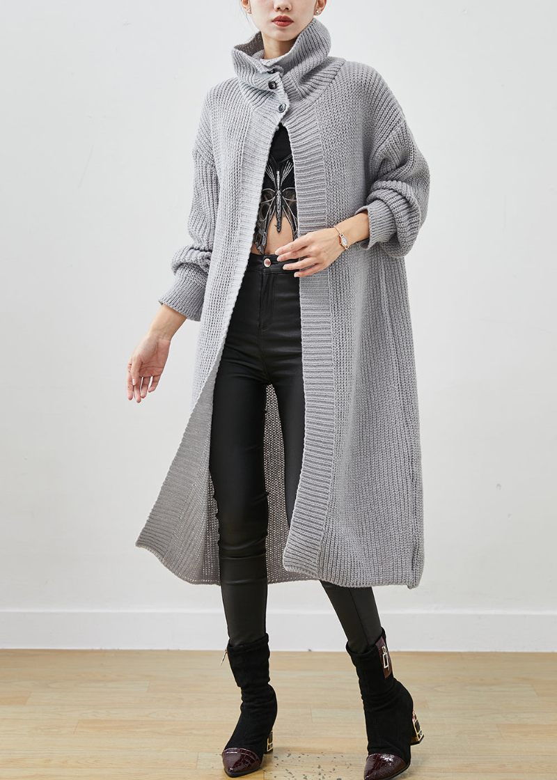 Handgjord Grå Turtle Neck Stickad Lös Cardigan Spring