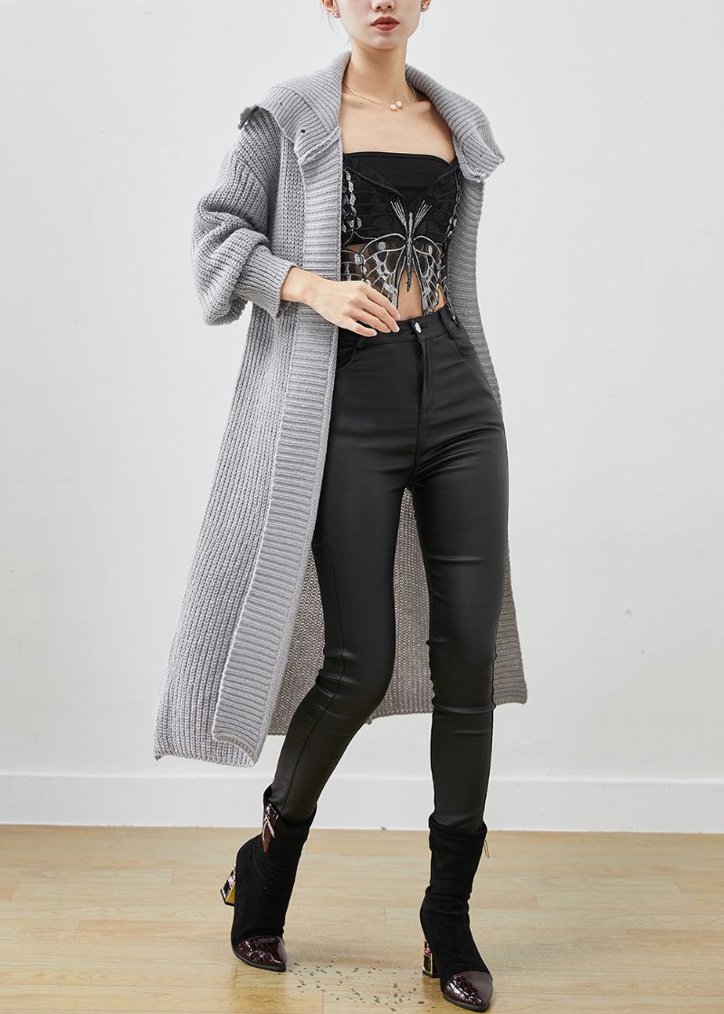 Handgjord Grå Turtle Neck Stickad Lös Cardigan Spring - Koftor för kvinnor