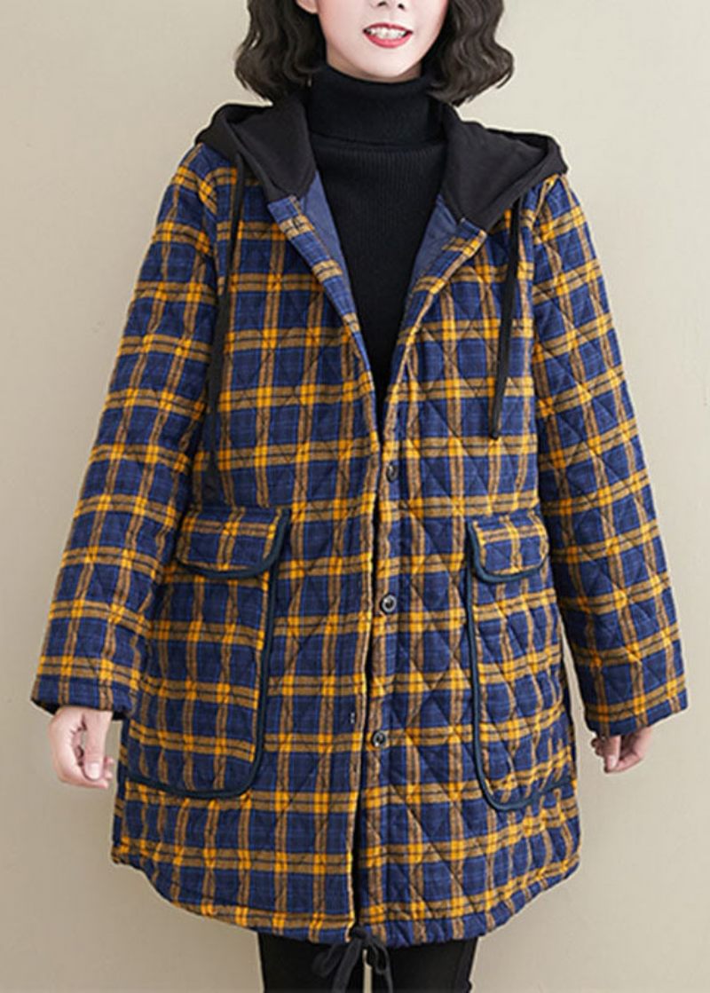Handgjord Röd Rutig Knapp Låg Hög Design Tie Midja Hooded Parka Winter - Röd Pläd