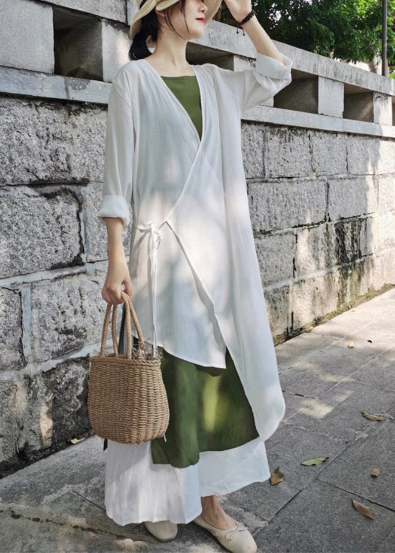 Handgjord Vit Asymmetrisk Design Lång Cardigan Bomull Sommar - Vit