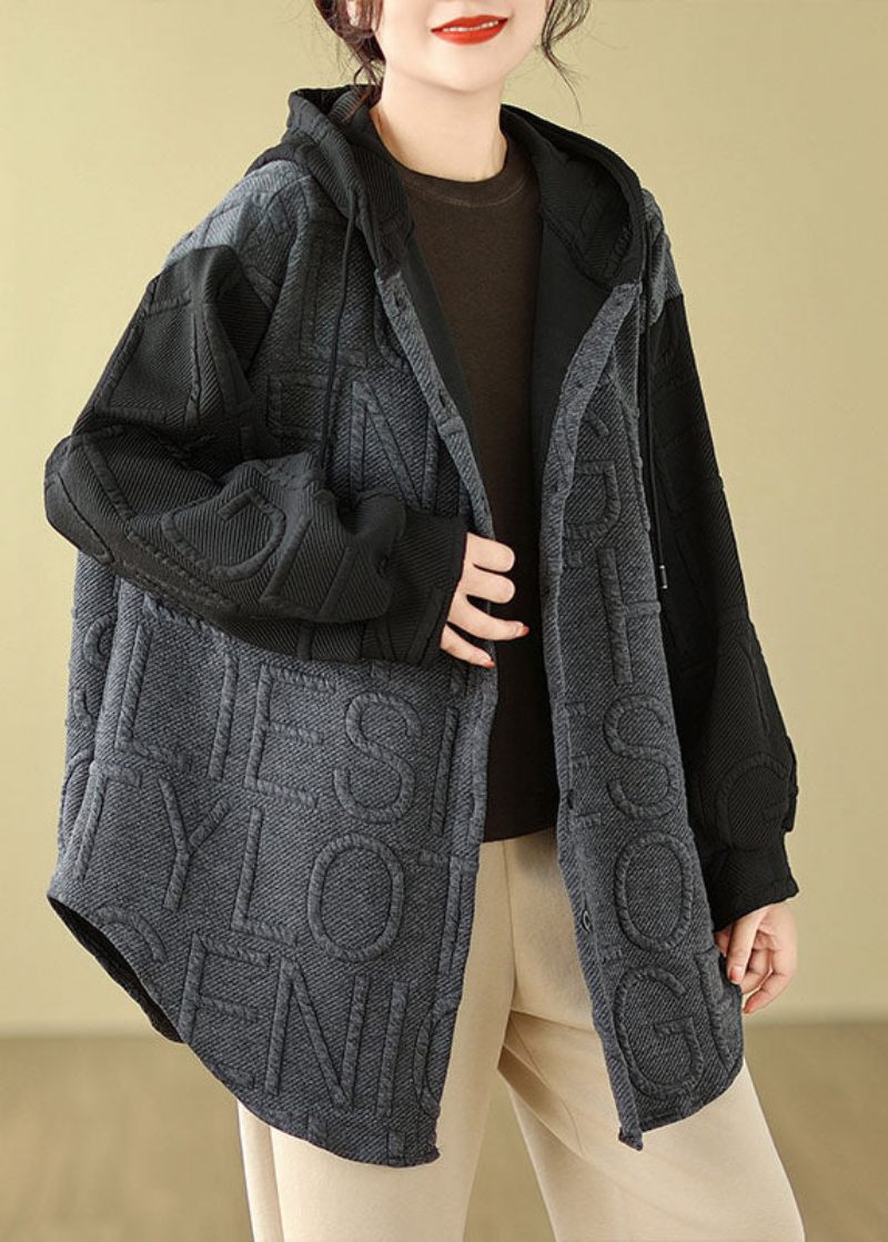 Handgjorda Grå Patchwork Hooded Coats Långärmad - Grå