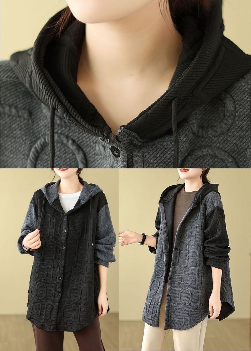 Handgjorda Grå Patchwork Hooded Coats Långärmad - Grå