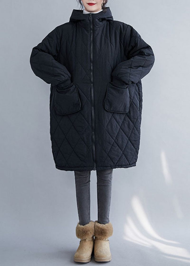 Handgjorda Svart Rutigt Lapptäcke Hooded Parka Coats Långärmad - Svart