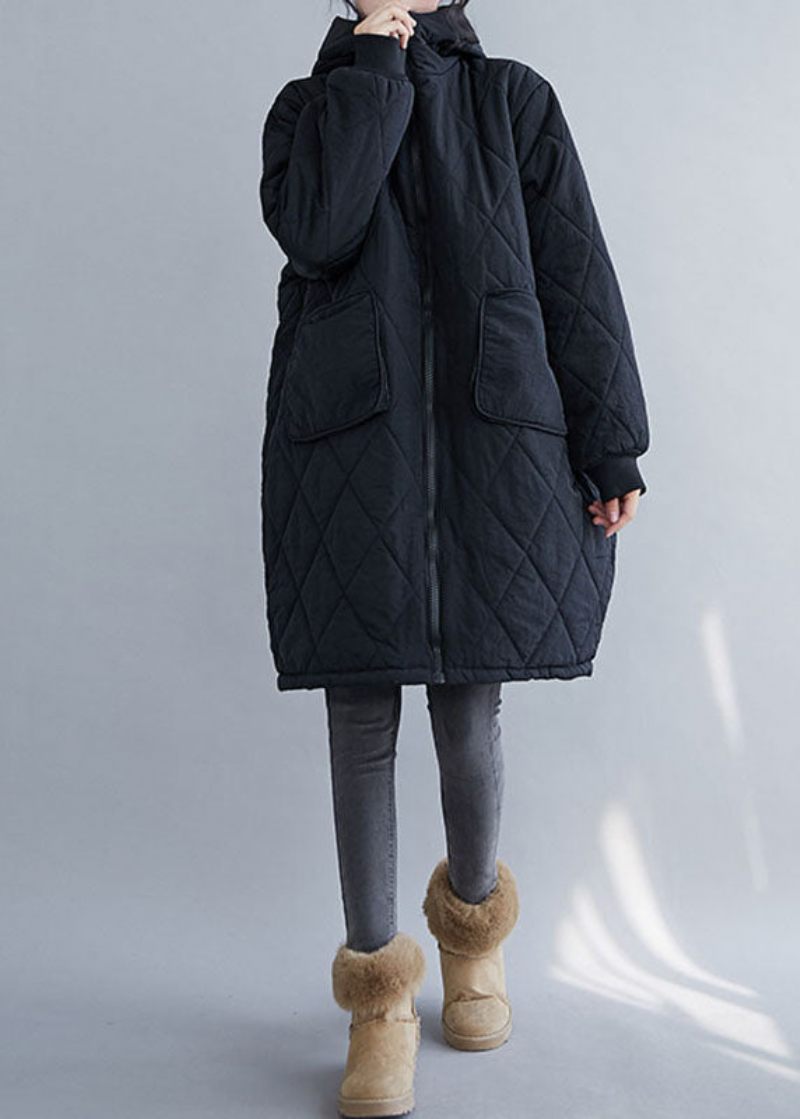 Handgjorda Svart Rutigt Lapptäcke Hooded Parka Coats Långärmad - Svart