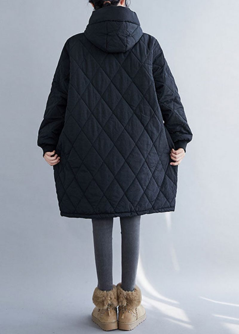 Handgjorda Svart Rutigt Lapptäcke Hooded Parka Coats Långärmad - Svart