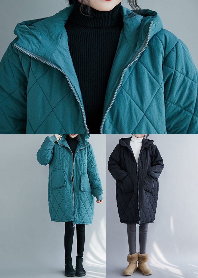 Handgjorda Svart Rutigt Lapptäcke Hooded Parka Coats Långärmad - Svart