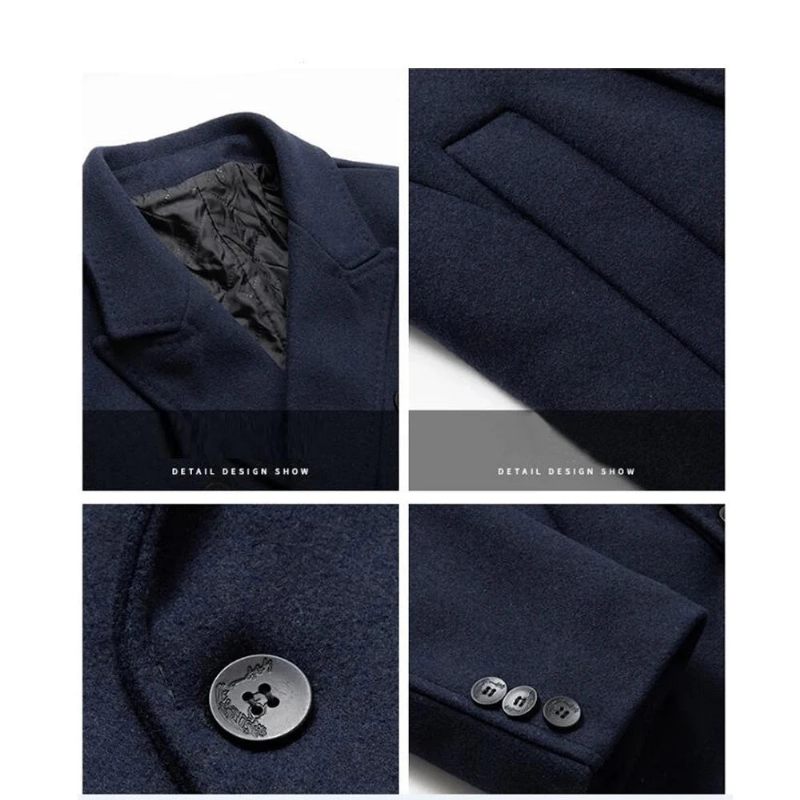 Höst Vinter Boutique Ull Solid Herr Casual Business Yllerock Jacka Förtjockad Och Varma Trenchcoats För Män - Svart
