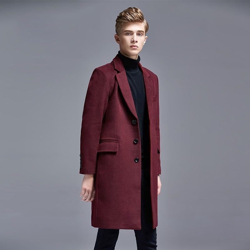 Höst Vinter Casual England Smal Enkelknäppt Kostym För Män Krage Ull Trenchcoat Mellanlånga Jackor Och Rockar För Män - Svart