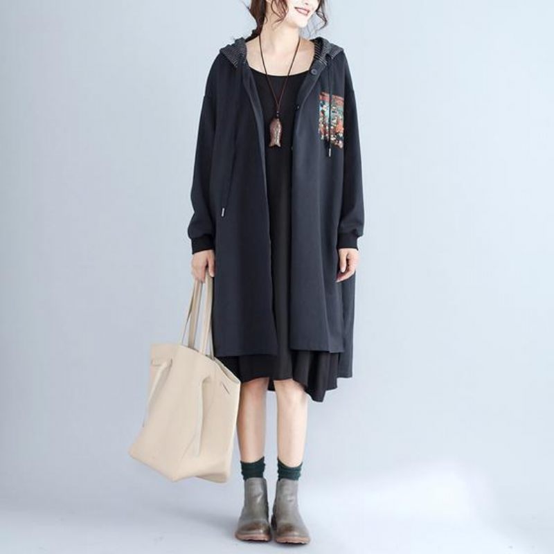 Hösten Kvinnor Tryck Svart Bomull Kofta Oversize Fashion Fit Huva Trenchcoat - Vinterkappor för kvinnor