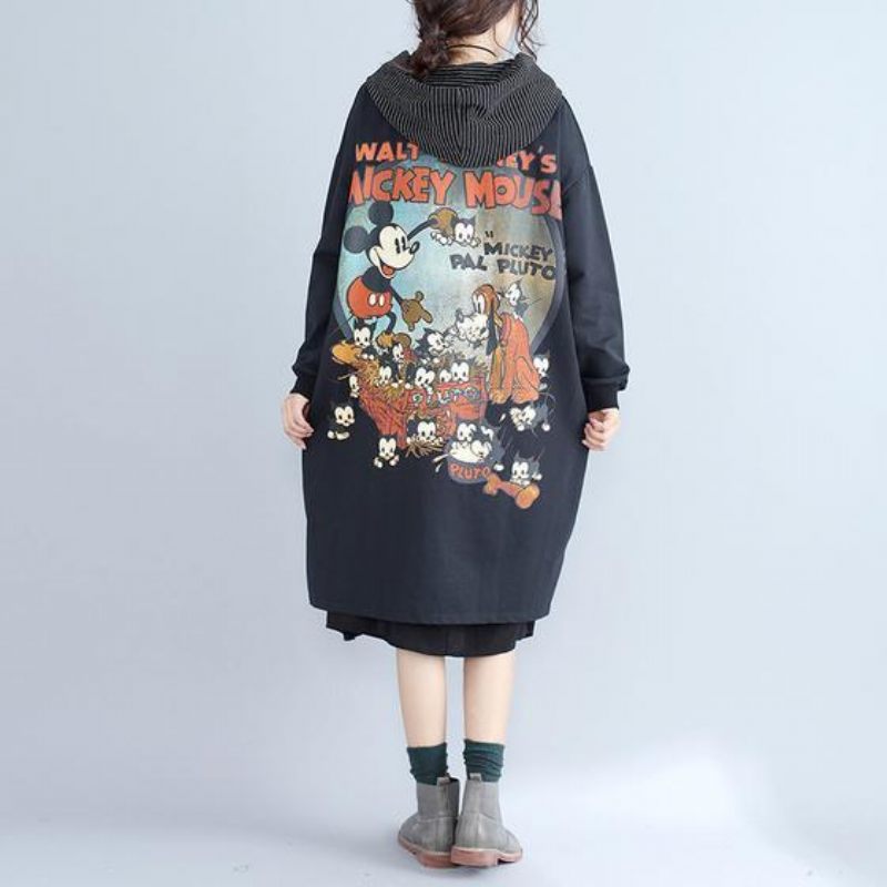 Hösten Kvinnor Tryck Svart Bomull Kofta Oversize Fashion Fit Huva Trenchcoat - Vinterkappor för kvinnor