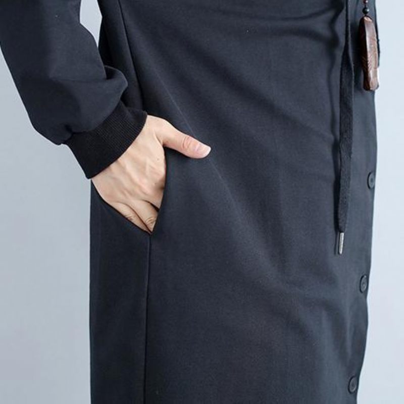 Hösten Kvinnor Tryck Svart Bomull Kofta Oversize Fashion Fit Huva Trenchcoat - Vinterkappor för kvinnor