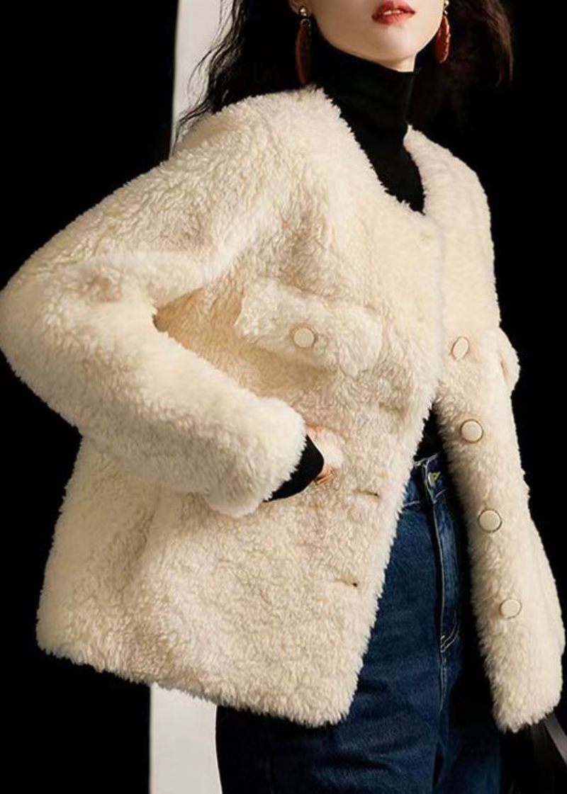 Italiensk Beige O-halsfickor Knapp Patchwork Ullrockar Vinter - Vinterkappor för kvinnor