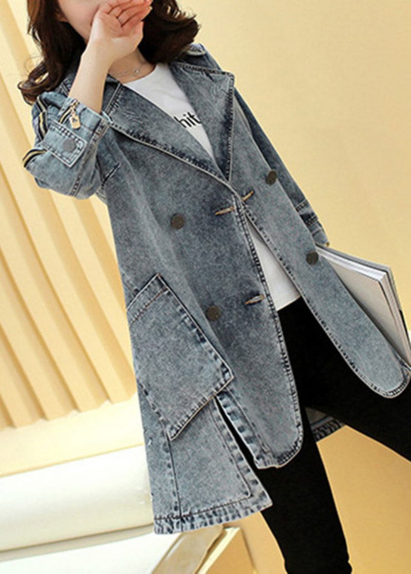 Italiensk Blå Naggad Patchwork Button Maxi Coats I Bomull Långärmad - Blå