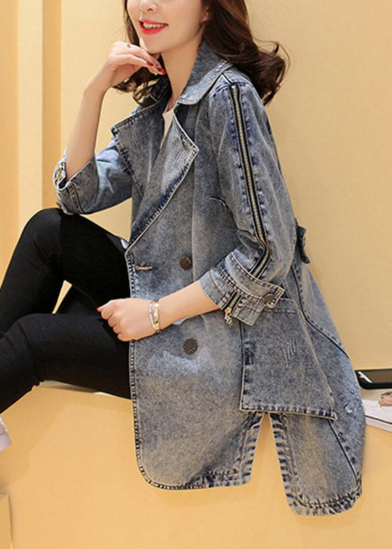 Italiensk Blå Naggad Patchwork Button Maxi Coats I Bomull Långärmad - Blå