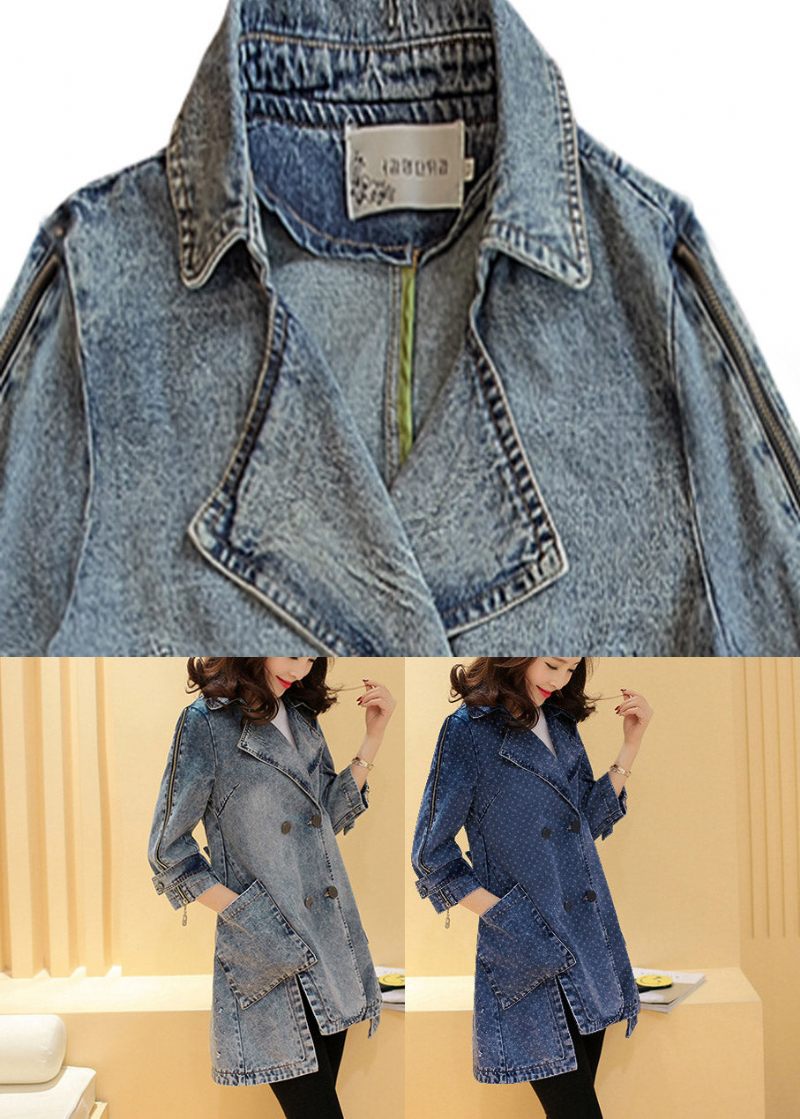 Italiensk Blå Naggad Patchwork Button Maxi Coats I Bomull Långärmad - Blå