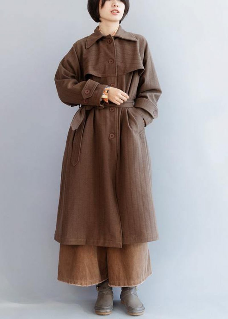 Italiensk Choklad Plus Size Långa Rockar Skjortor Lapel Krage Knyt Midjerockar - Choklad