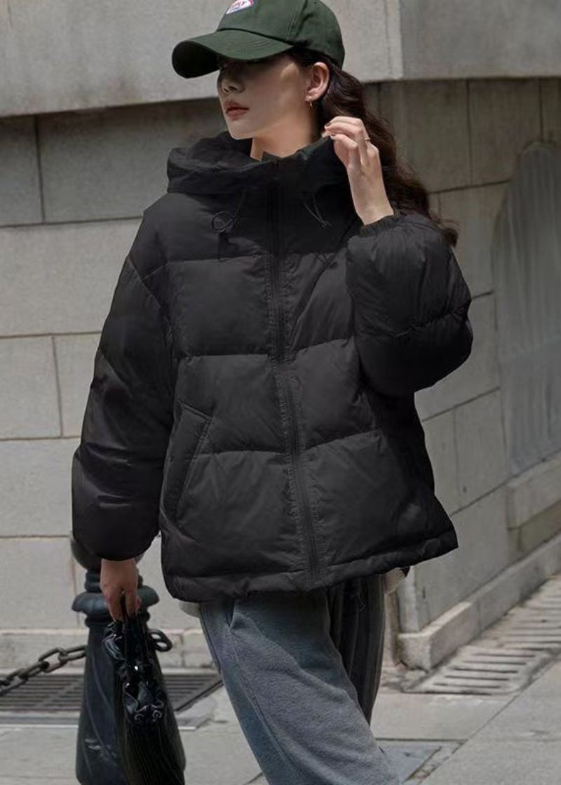 Italiensk Svart Blixtlåsfickor Duck Down Hooded Jacka Vinter