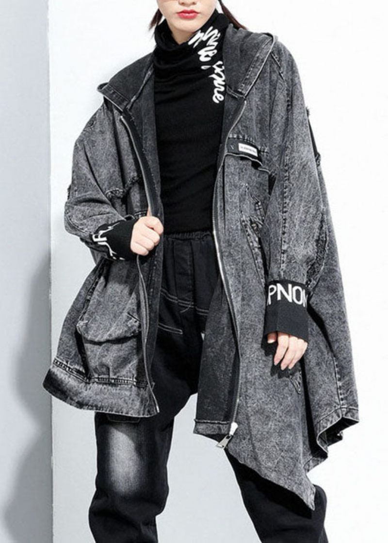 Italiensk Svart Huva Asymmetrisk Design Denim Coat Spring