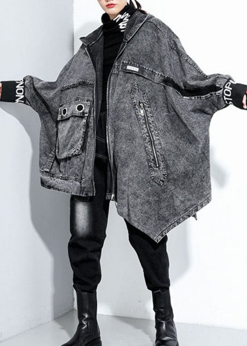 Italiensk Svart Huva Asymmetrisk Design Denim Coat Spring - Vinterkappor för kvinnor
