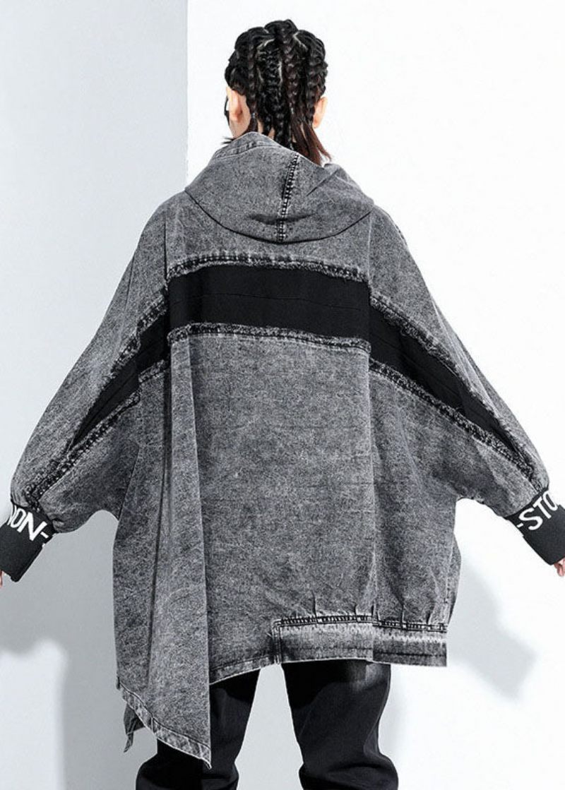 Italiensk Svart Huva Asymmetrisk Design Denim Coat Spring - Vinterkappor för kvinnor