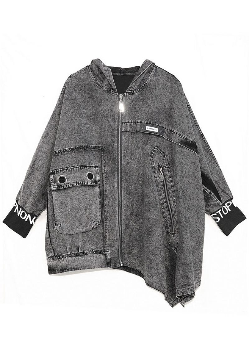 Italiensk Svart Huva Asymmetrisk Design Denim Coat Spring - Vinterkappor för kvinnor
