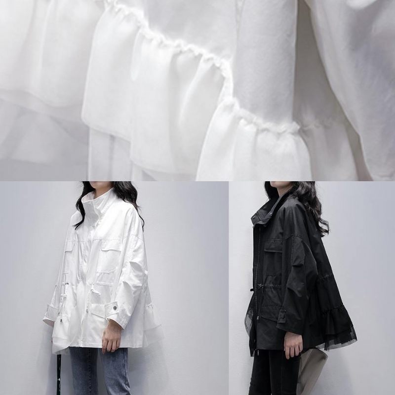 Italiensk Vit Patchwork Tyll Plus Size Tunikajacka Fotograferingsställ Krage - Trenchcoats för kvinnor