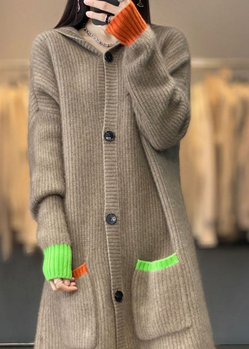 Italienska Khaki Hooded Fickor Button Patchwork Cashmere Coat Fall - Koftor för kvinnor