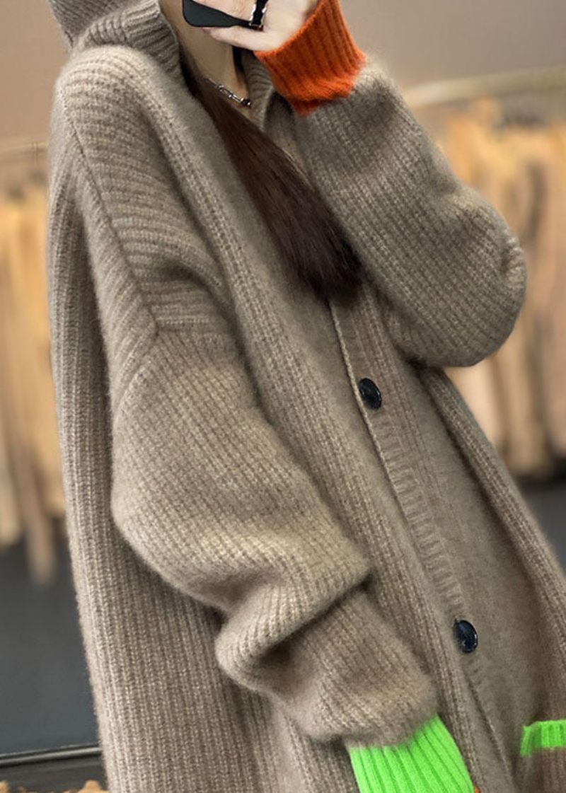 Italienska Khaki Hooded Fickor Button Patchwork Cashmere Coat Fall - Koftor för kvinnor