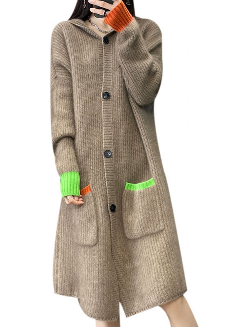 Italienska Khaki Hooded Fickor Button Patchwork Cashmere Coat Fall - Koftor för kvinnor