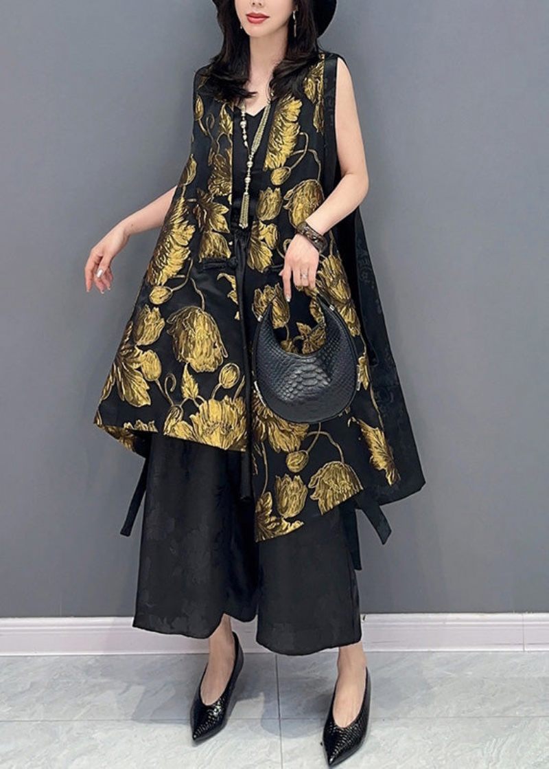 Jacquard Gul V-hals Patchwork Button Sidenväst Sommar - Vinterkappor för kvinnor