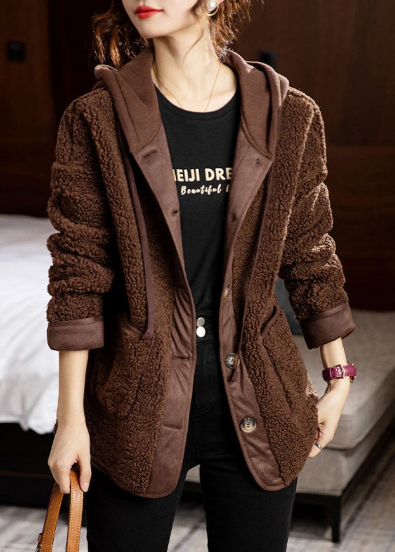 Kaffefickor Patchwork Coats Teddy Fuskpäls Hooded Long Sleeve - Vinterkappor för kvinnor