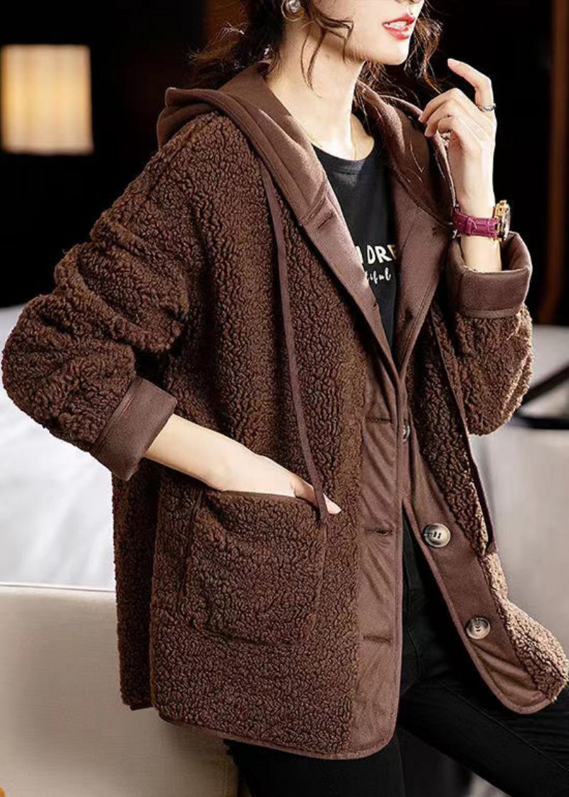 Kaffefickor Patchwork Coats Teddy Fuskpäls Hooded Long Sleeve - Vinterkappor för kvinnor