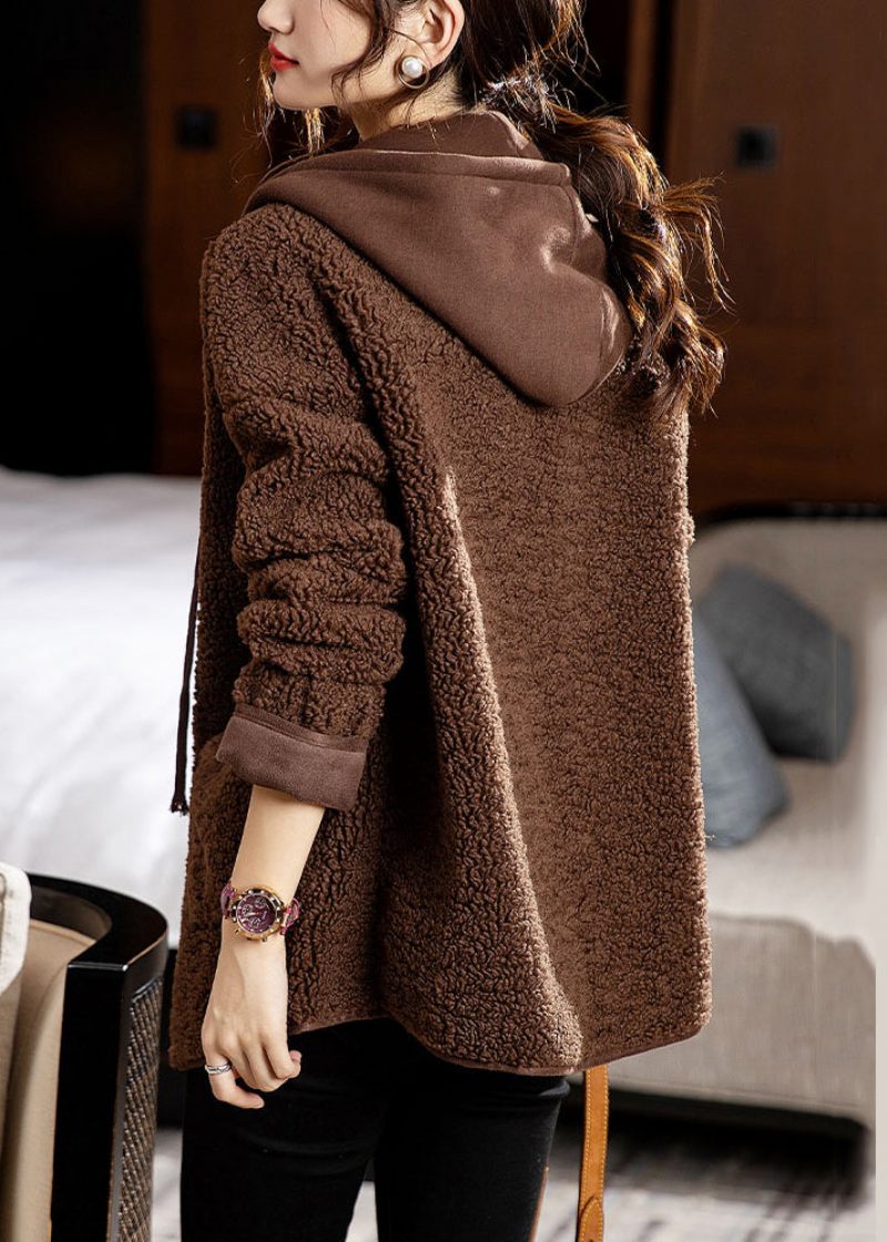 Kaffefickor Patchwork Coats Teddy Fuskpäls Hooded Long Sleeve - Vinterkappor för kvinnor