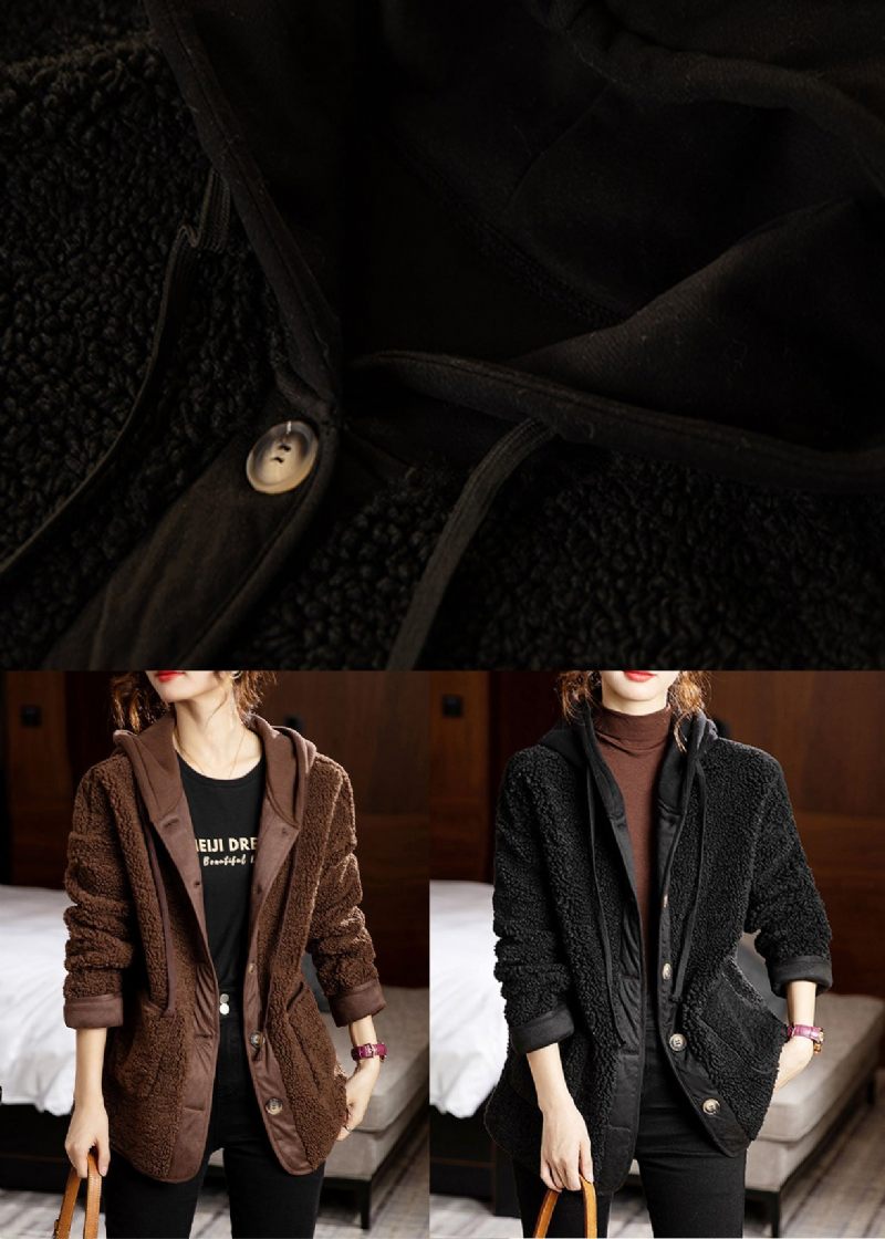 Kaffefickor Patchwork Coats Teddy Fuskpäls Hooded Long Sleeve - Vinterkappor för kvinnor