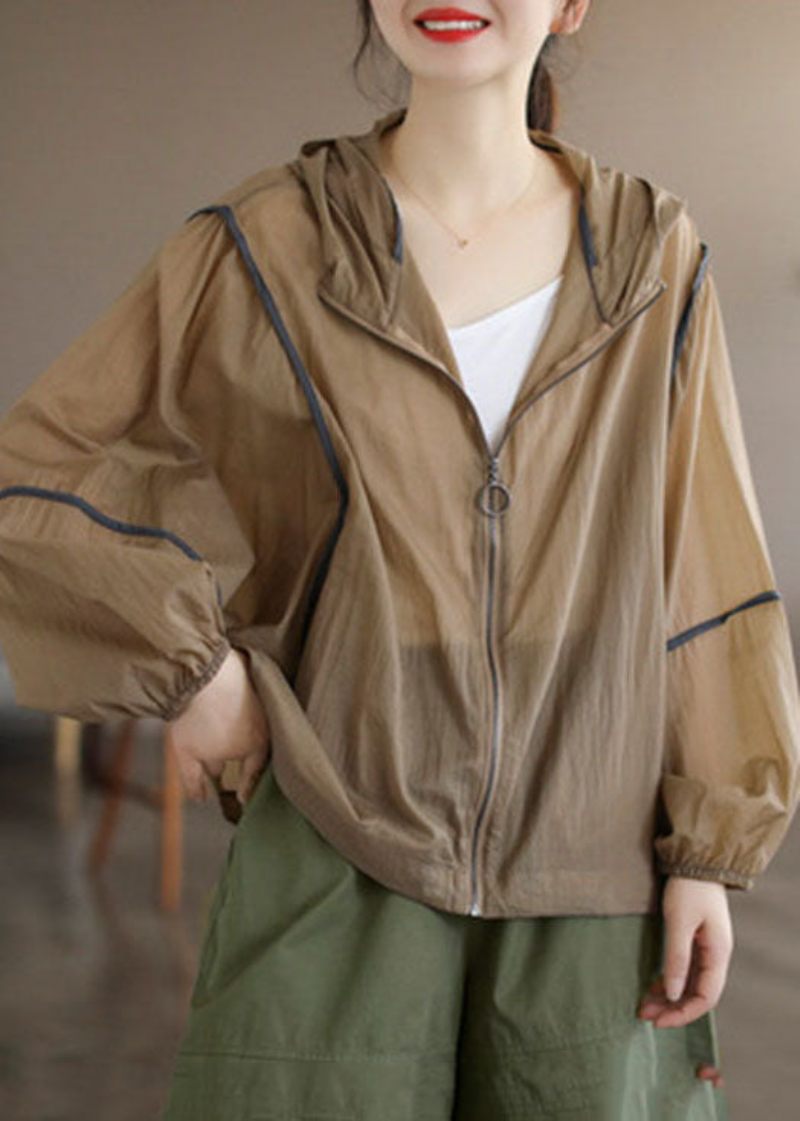 Khaki Patchwork Bomull Upf 50+ Kappa Hooded Oversized Långärmad - Kaki