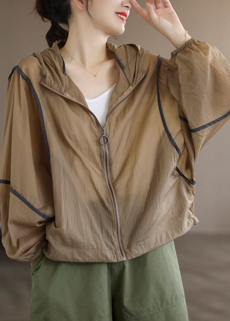 Khaki Patchwork Bomull Upf 50+ Kappa Hooded Oversized Långärmad - Kaki
