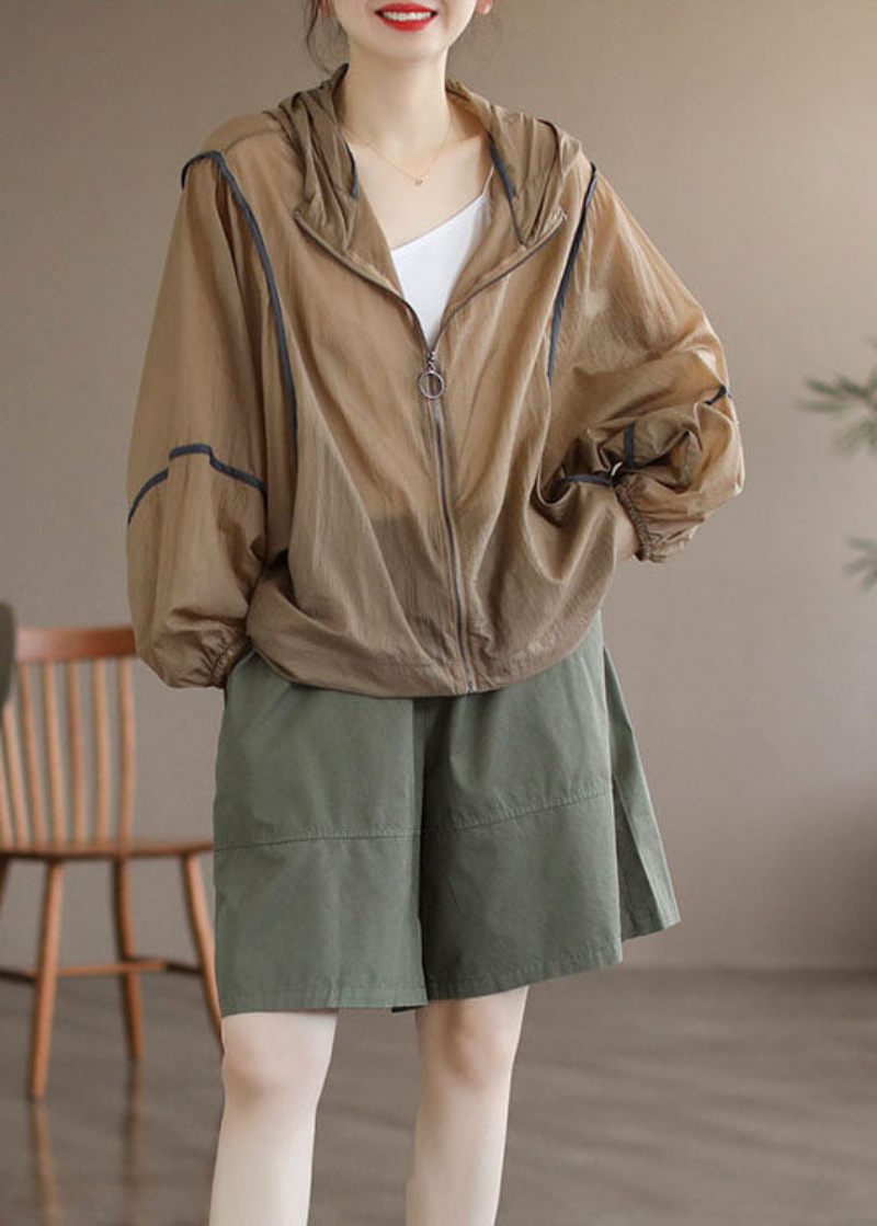 Khaki Patchwork Bomull Upf 50+ Kappa Hooded Oversized Långärmad - Kaki