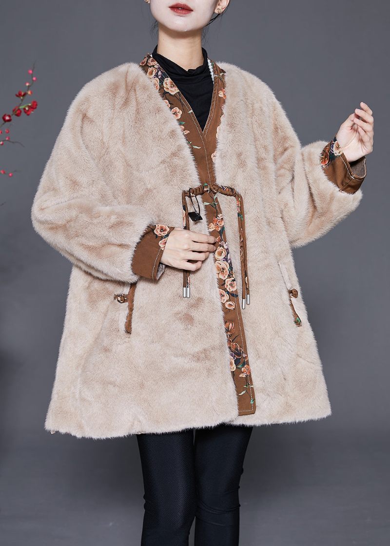 Khaki Patchwork Mink Sammetsrockar Tofsade Kinesiska Knapp Vinter - Vinterkappor för kvinnor