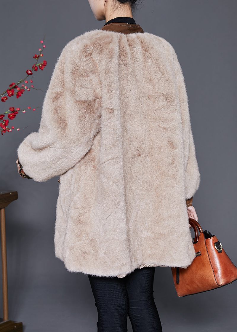 Khaki Patchwork Mink Sammetsrockar Tofsade Kinesiska Knapp Vinter - Vinterkappor för kvinnor