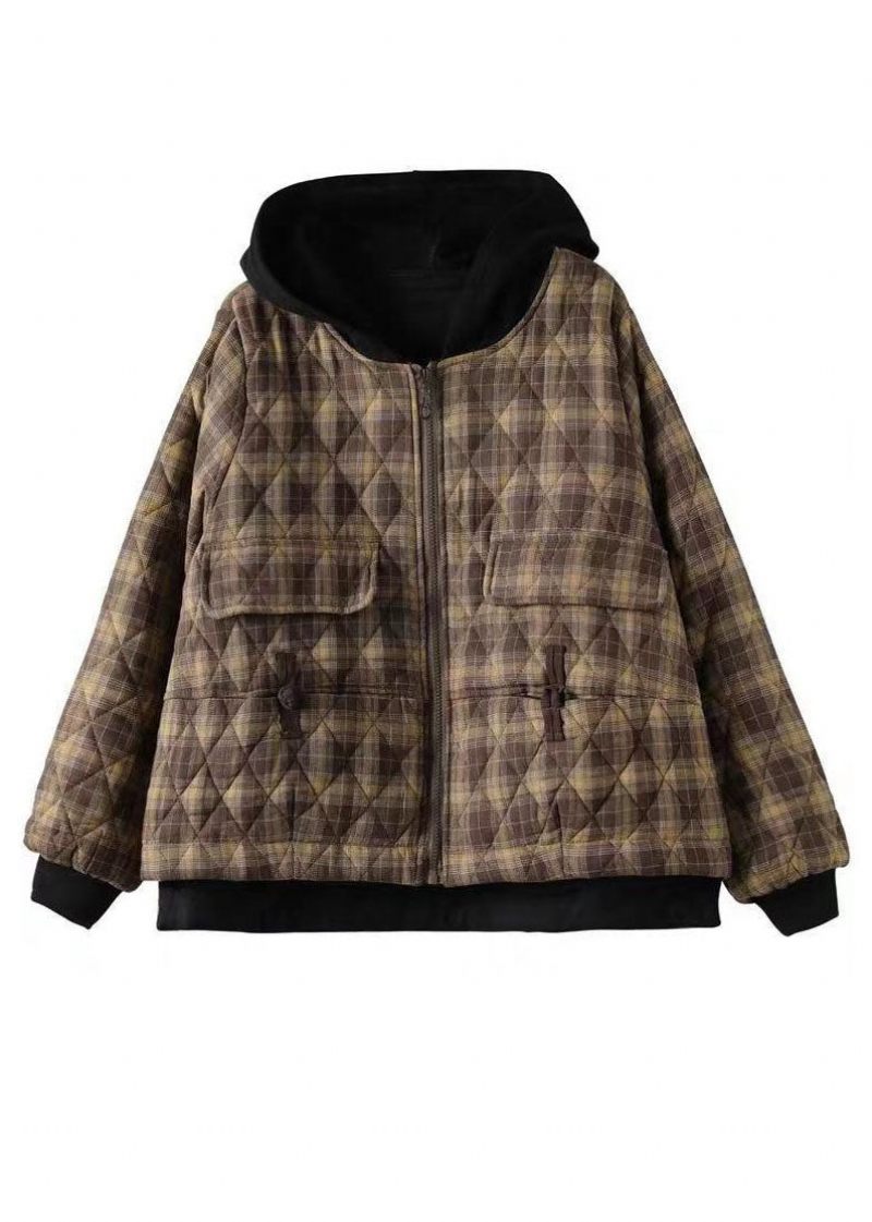 Khaki Pläd Fine Cotton Fyllde Puffers Jackor Zip Up Winter - Kaki