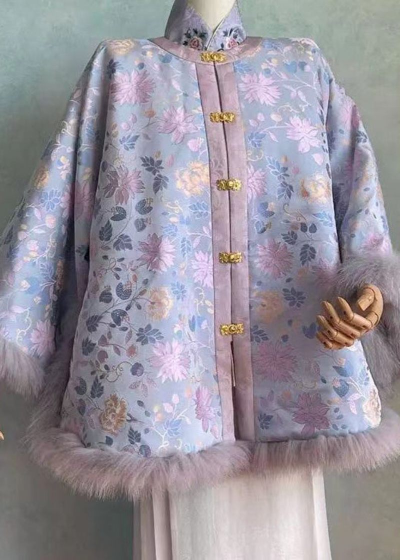 Kinesisk Stil Lila Stativ Krage Tryck Teddy Patchwork Varm Fleece Topp Vinter - Dunjackor för kvinnor