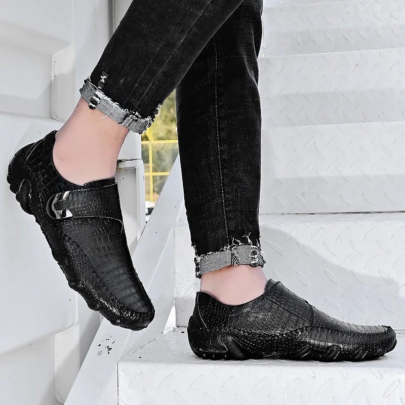 Klassiska Herrskor Svart Läder Slip-on Casual Loafers Hasp Man Flats Brun - Brun