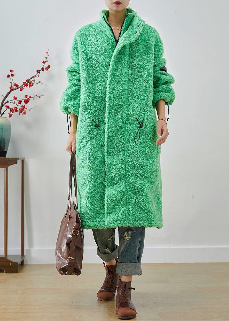 Konst Fluorescerande Grön Oversized Dragsko Fleece Trench Winter - Vinterkappor för kvinnor