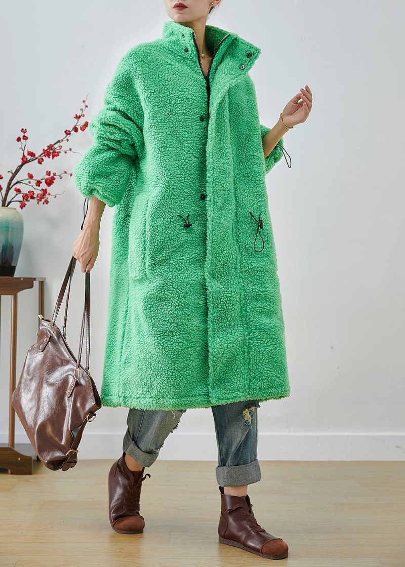 Konst Fluorescerande Grön Oversized Dragsko Fleece Trench Winter - Vinterkappor för kvinnor