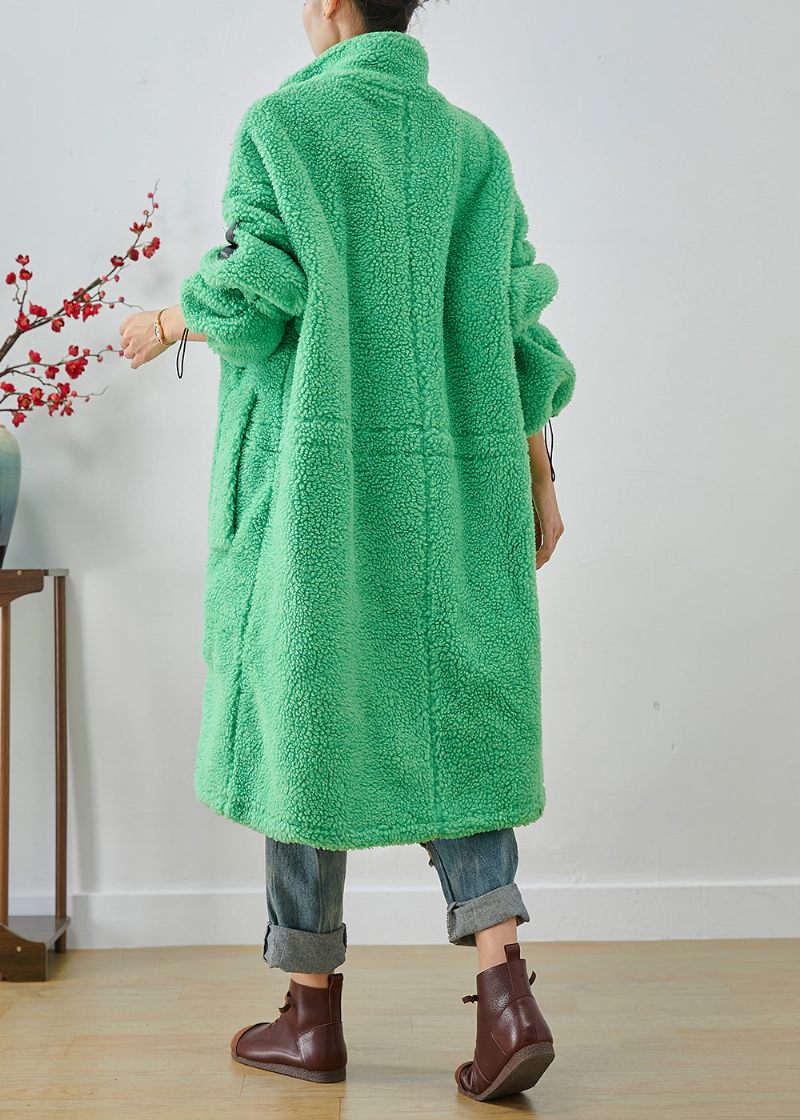 Konst Fluorescerande Grön Oversized Dragsko Fleece Trench Winter - Vinterkappor för kvinnor