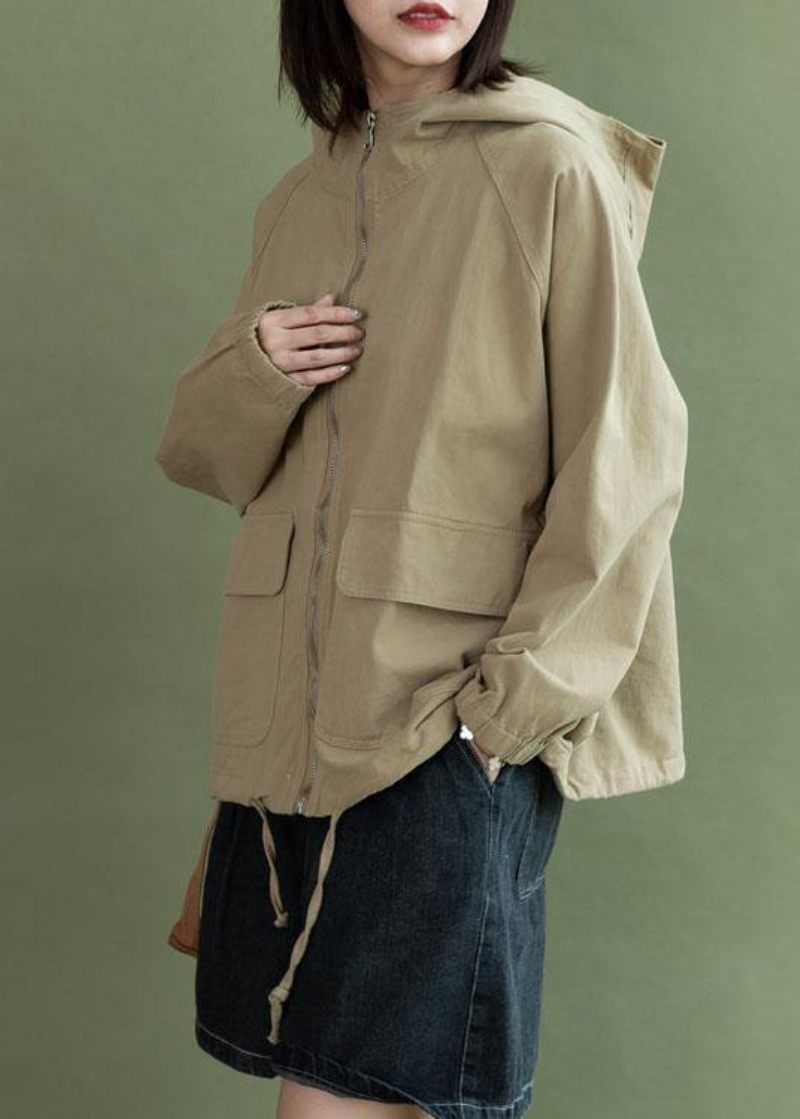 Konst Khaki Dragsko Modekläder För Kvinnor Design Huvkorta Jackor - Khaki