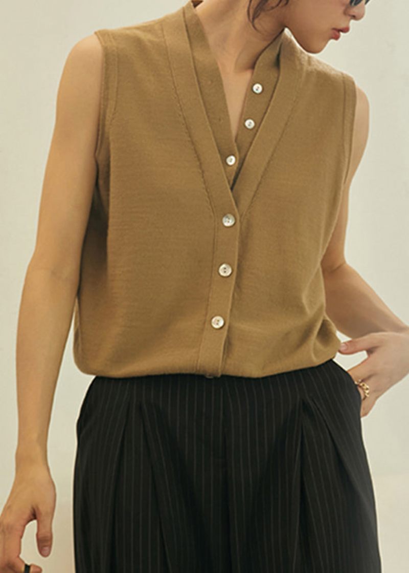 Konst Khaki V-hals Solid Tunn Stickad Ylle Topp Sommar - Kaki