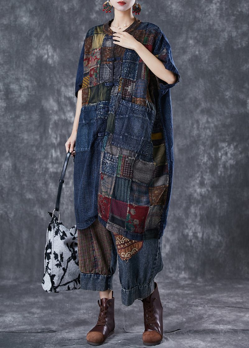 Konst Marinblå Oversized Patchwork Kinesisk Knapp Denim Cardigans Sommar - Koftor för kvinnor